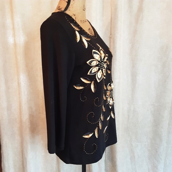 Coral Bay Black Holiday Top Gold Silk Poinsettias Beading 3/4 Sleeve Sz S - Picture 6 of 13